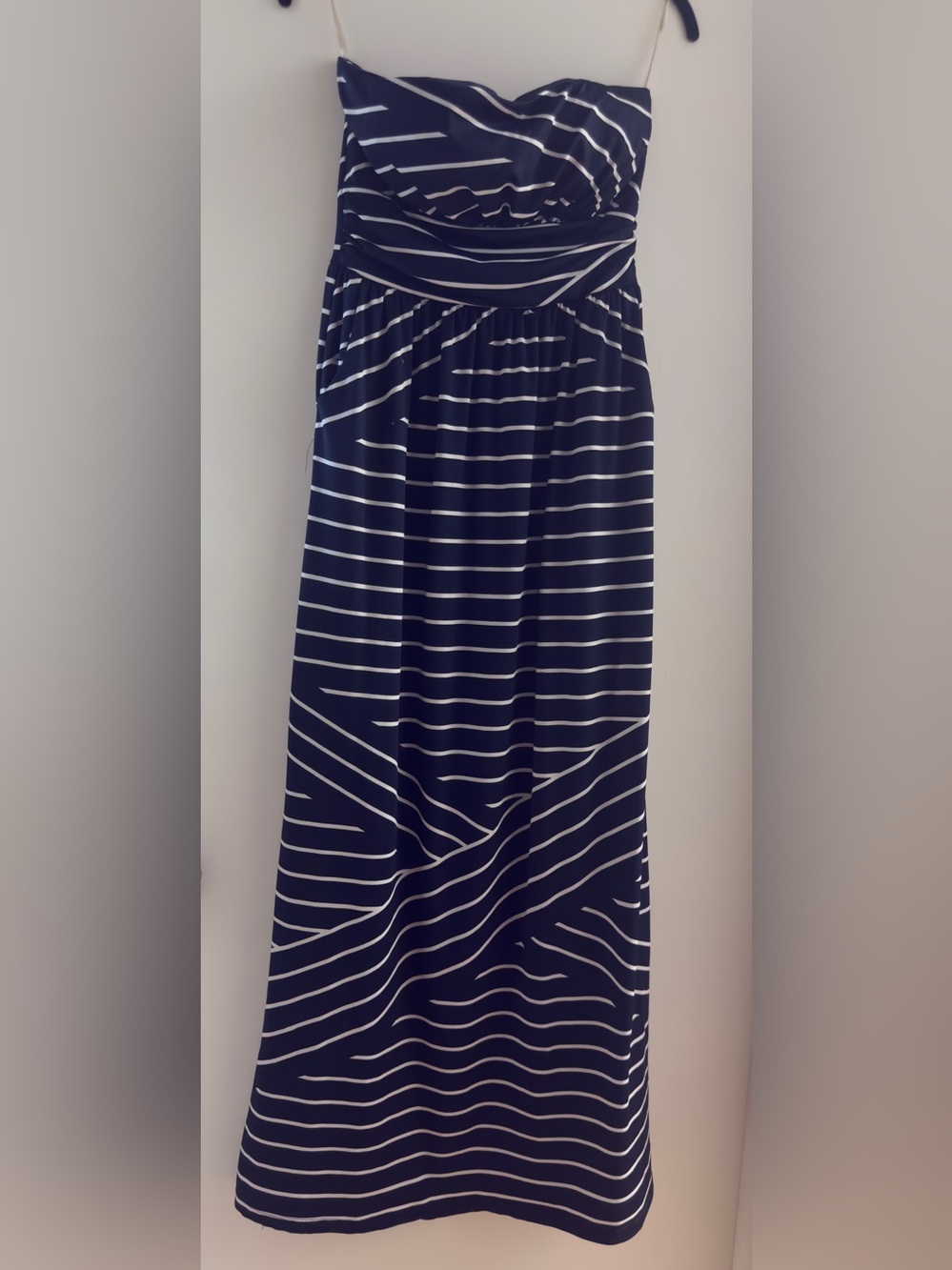 Striped Navy and White Strapless Maxi Dress